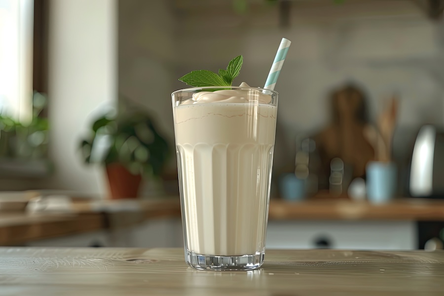 Glas mit einem cremigem vanillefarbenem Shake und einem Strohalm darin